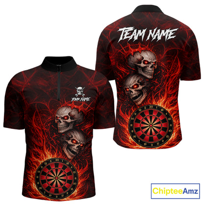 Personalized Red Flaming Skull Darts Polo & 1/4 Zip For Men Custom Fire Darts Team Jersey TDM5806