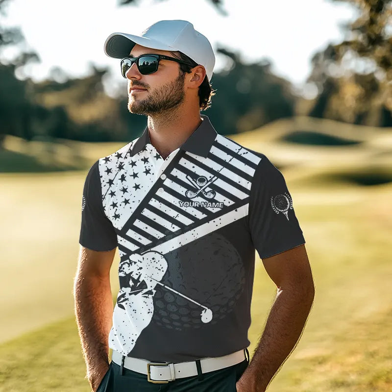 Black and White American Flag Men Golf polo shirts custom patriotic golf apparel team golf jerseys NQS9605