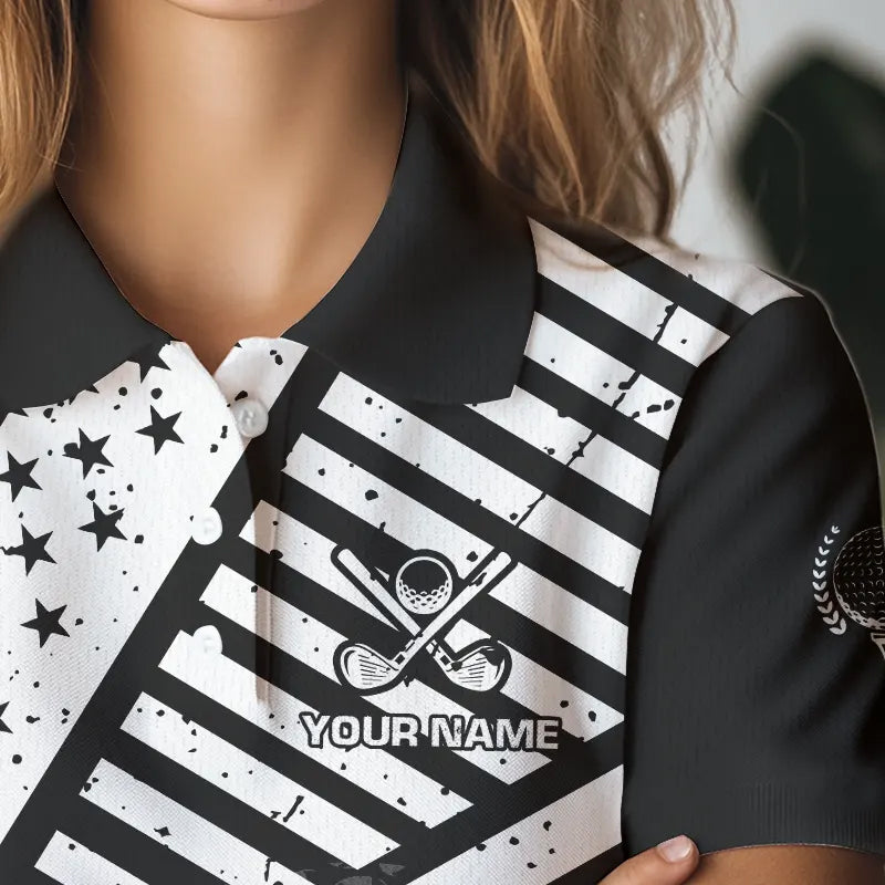 Black and White American Flag Women Golf polo shirts custom patriotic golf apparel team golf jerseys NQS9605