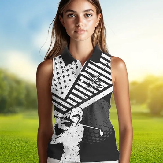 Black and White American Flag Women Sleeveless polo shirt custom patriotic golf apparel team jerseys NQS9605