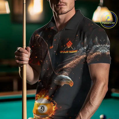 Personalized Fire 9 Ball Eagle Billiard Shirt For Men Custom Pool Team Jersey Polo & 1/4 Zip TDM6408