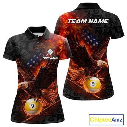 Flaming US Flag Eagle 9 Ball Billiard Shirt For Women Custom Patriotic Pool Jersey Polo & 1/4 Zip TDM6412