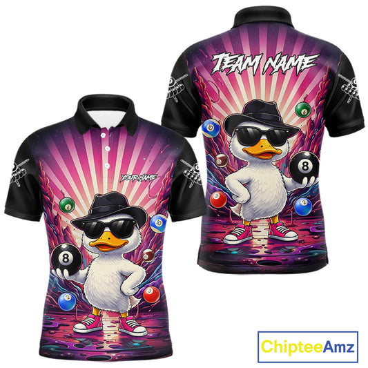 Billiard polo shirt with a cartoon duck holding a pool ball on a colorful background