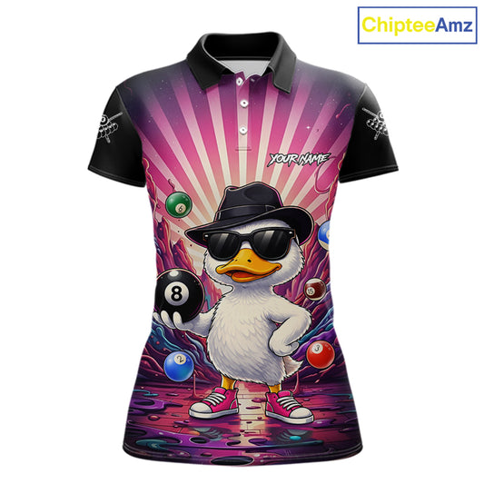 Billiard polo shirt with a cartoon duck holding a pool ball on a colorful background