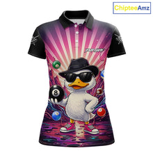 Load image into Gallery viewer, Billiard polo shirt with a cartoon duck holding a pool ball on a colorful background