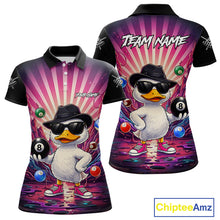 Load image into Gallery viewer, Billiard polo shirt with a cartoon duck holding a pool ball on a colorful background