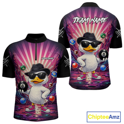 Billiard quarter zip shirt with a cartoon duck holding a pool ball on a colorful background