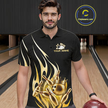 Load image into Gallery viewer, Man wearing a black and gold bowling ball crown bowling polo shirt front view, custom bowling league jersey for men.
