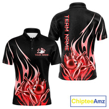 Load image into Gallery viewer, Black and red bowling ball crown bowling team polo shirt for men with flame bowling graphics.