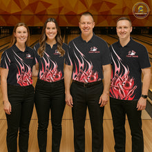 Load image into Gallery viewer, Bowling team wearing matching black and red bowling ball crown custom bowling jerseys front view.