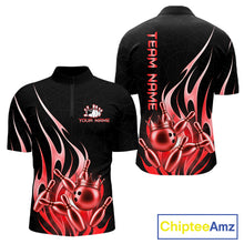 Load image into Gallery viewer, Black and red bowling ball crown quarter zip bowling shirt for men, custom bowling team jersey and tournament apparel.