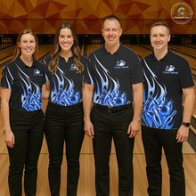Load image into Gallery viewer, Bowling team wearing matching black and blue bowling ball crown custom bowling jerseys front view.