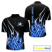 Load image into Gallery viewer, Black and blue bowling ball crown quarter zip bowling shirt for men, custom bowling team jersey and tournament apparel.