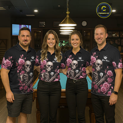 Pool Team Wearing Custom Pink 8 Ball Pool Roses Skeleton Gothic Billiard Jerseys During League Competition and Tournament Matches, Front View