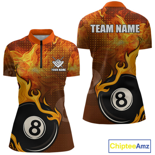 Orange Flaming 8 Ball Pool Billiard Shirt For Women Custom Fire Billiard Jersey Team Polo & 1/4 Zip TDM5316