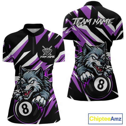 Black And Purple 8 Ball Wolf Billiard Shirt For Women Custom Billiard Jersey, Pool Team Shirt TDM5318