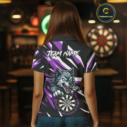 Personalized Wolf Darts Polo & Quarter Zip Custom Darts Shirt For Women, Darts Jersey |Purple TDM5319
