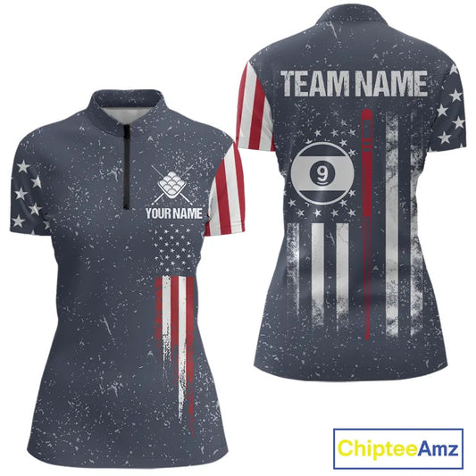 Grunge Navy American Flag 9 Ball Billiard Shirt For Women Custom Patriotic Billiard Shirt Pool Jersey TDM5578