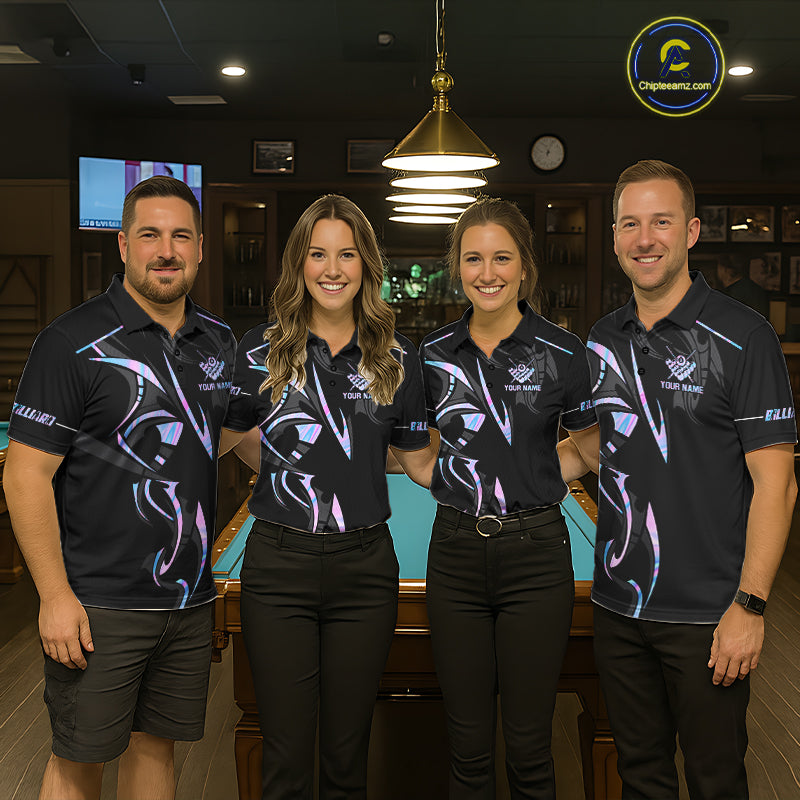 Custom Holographic 8 Ball Crown Billiard Shirts For Women, Pool Team Jersey Polo & 1/4 Zip |Black TDM6191