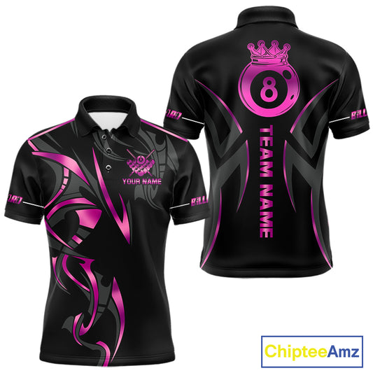 Custom Pink 8 Ball Pool Crown Billiard Shirts For Men, Billiard Team Jersey Polo & 1/4 Zip |Black TDM6193