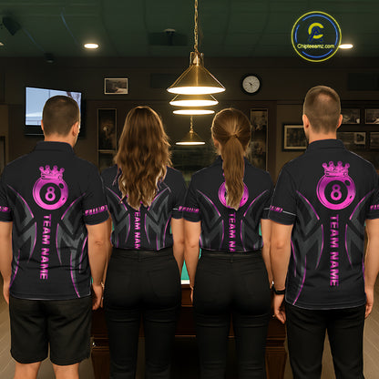 Custom Pink 8 Ball Pool Crown Billiard Shirts For Women, Billiard Team Jersey Polo & 1/4 Zip |Black TDM6193