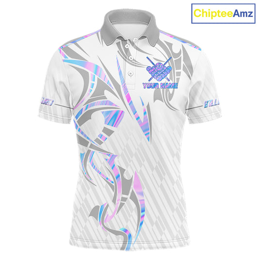 Custom Holographic 8 Ball Crown Billiard Shirts For Men, Pool Team Jersey Polo & 1/4 Zip |White TDM6195
