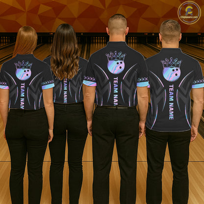 Custom Holographic Crown Bowling Ball Polo & Quarter Zip Shirt For Men, Bowling Team Jersey |Black TDM6196