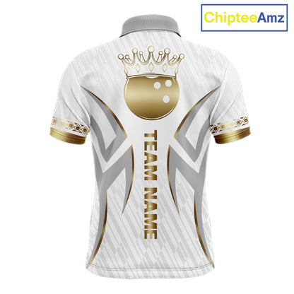 Custom Gold Bowling Ball Crown Bowling Shirt For Men, Bowling Team Jersey Polo & 1/4 Zip |White TDM6197