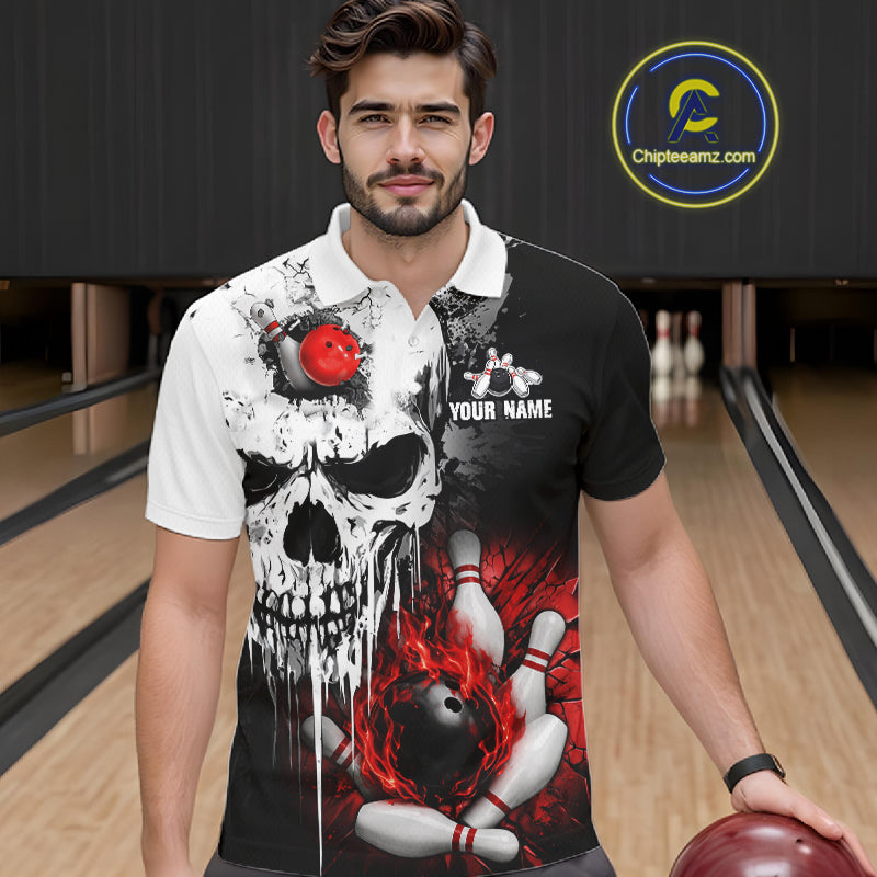 Personalized Red Grunge Skull Bowling Shirt For Men, Bowling League Team Jersey Polo & 1/4 Zip TDM6418