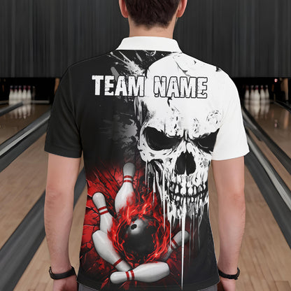 Personalized Red Grunge Skull Bowling Shirt For Men, Bowling League Team Jersey Polo & 1/4 Zip TDM6418