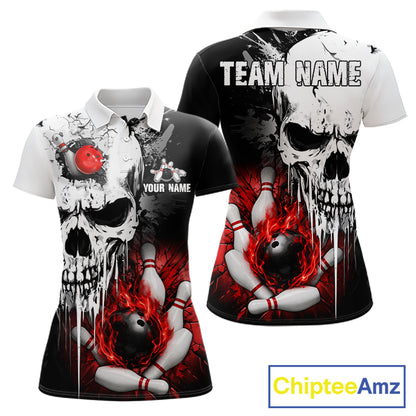 Personalized Red Grunge Skull Bowling Shirt For Women, Bowling League Team Jersey Polo & 1/4 Zip TDM6418