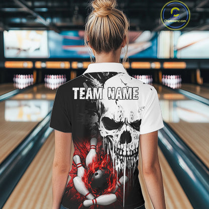 Personalized Red Grunge Skull Bowling Shirt For Women, Bowling League Team Jersey Polo & 1/4 Zip TDM6418
