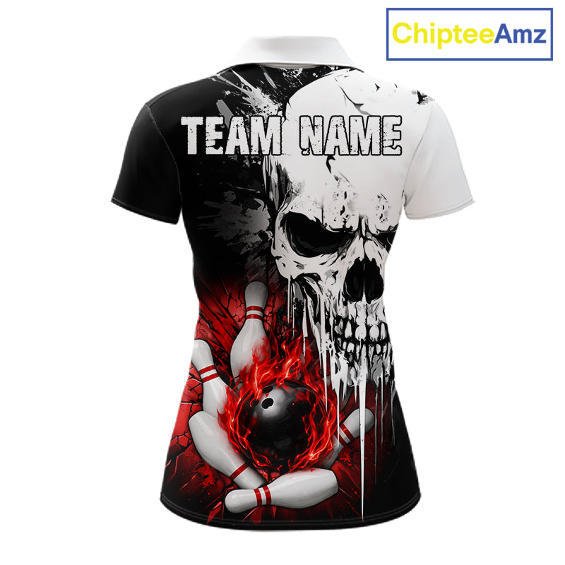 Personalized Red Grunge Skull Bowling Shirt For Women, Bowling League Team Jersey Polo & 1/4 Zip TDM6418