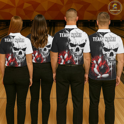 Personalized Red Grunge Skull Bowling Shirt For Men, Bowling League Team Jersey Polo & 1/4 Zip TDM6418