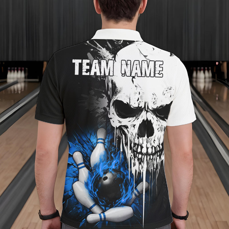 Personalized Blue Grunge Skull Bowling Shirt For Men, Bowling League Team Jersey Polo & 1/4 Zip TDM6419