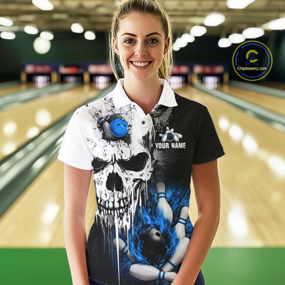 Personalized Blue Grunge Skull Bowling Shirt For Women, Bowling League Team Jersey Polo & 1/4 Zip TDM6419
