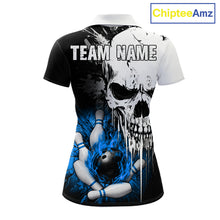 Load image into Gallery viewer, Personalized Blue Grunge Skull Bowling Shirt For Women, Bowling League Team Jersey Polo &amp; 1/4 Zip TDM6419