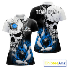 Load image into Gallery viewer, Personalized Blue Grunge Skull Bowling Shirt For Women, Bowling League Team Jersey Polo &amp; 1/4 Zip TDM6419