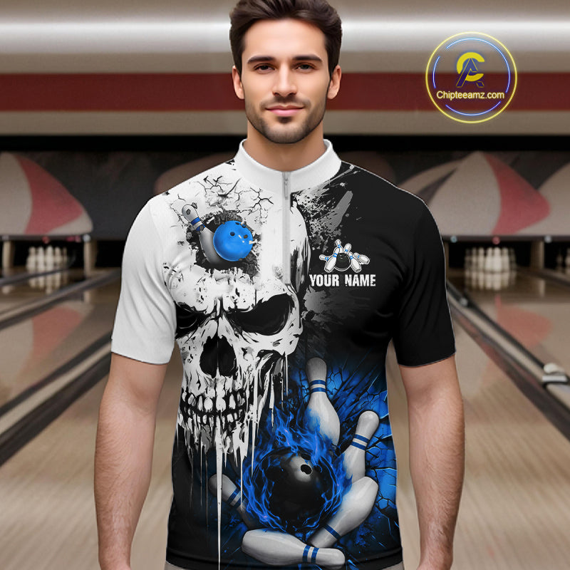 Personalized Blue Grunge Skull Bowling Shirt For Men, Bowling League Team Jersey Polo & 1/4 Zip TDM6419