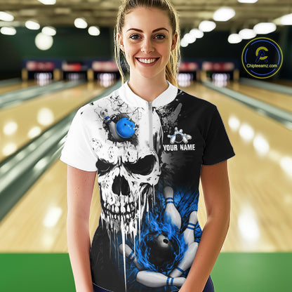 Personalized Blue Grunge Skull Bowling Shirt For Women, Bowling League Team Jersey Polo & 1/4 Zip TDM6419