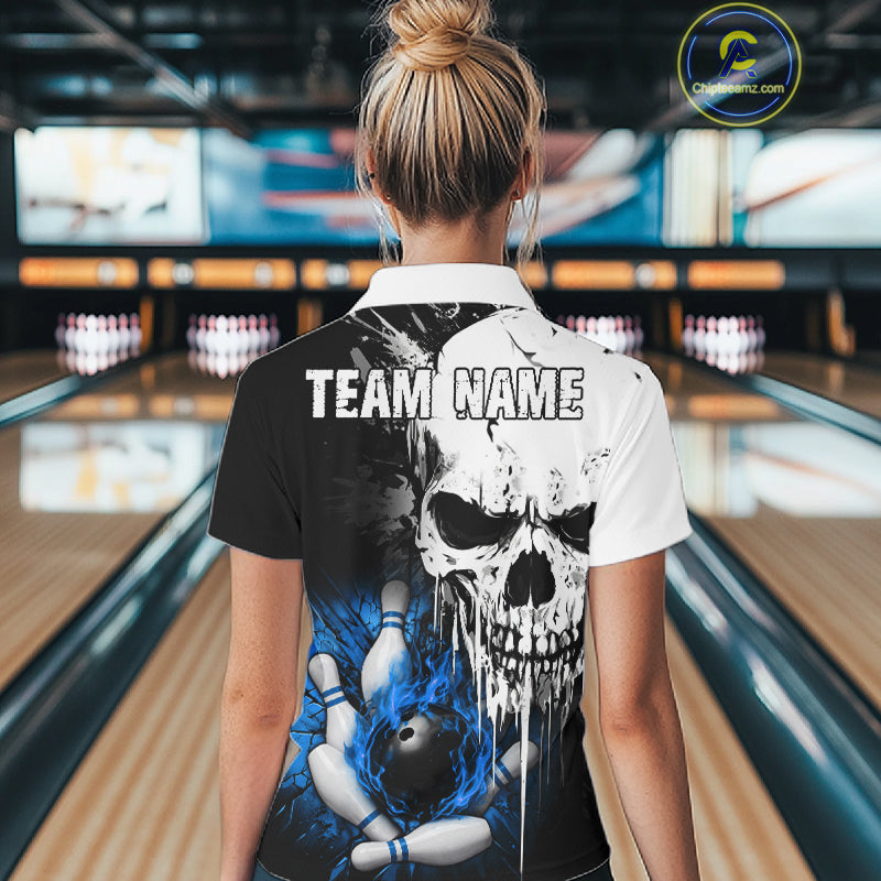 Personalized Blue Grunge Skull Bowling Shirt For Women, Bowling League Team Jersey Polo & 1/4 Zip TDM6419