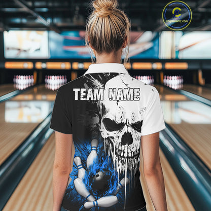 Personalized Blue Grunge Skull Bowling Shirt For Women, Bowling League Team Jersey Polo & 1/4 Zip TDM6419