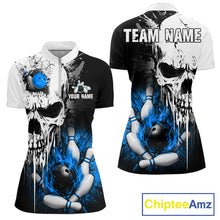 Load image into Gallery viewer, Personalized Blue Grunge Skull Bowling Shirt For Women, Bowling League Team Jersey Polo &amp; 1/4 Zip TDM6419