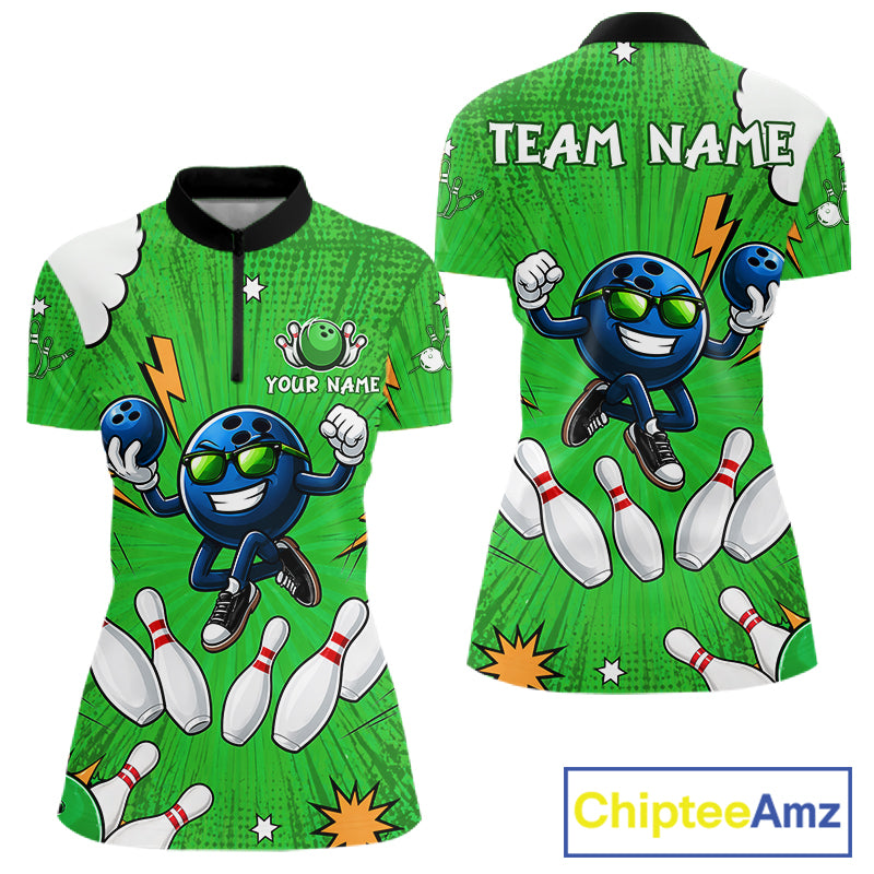 Green Funny Bowling Ball Jersey For Women Custom Bowling Team Shirt, Bowling Uniform Polo & 1/4 Zip TDM6422