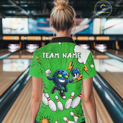 Green Funny Bowling Ball Jersey For Women Custom Bowling Team Shirt, Bowling Uniform Polo & 1/4 Zip TDM6422