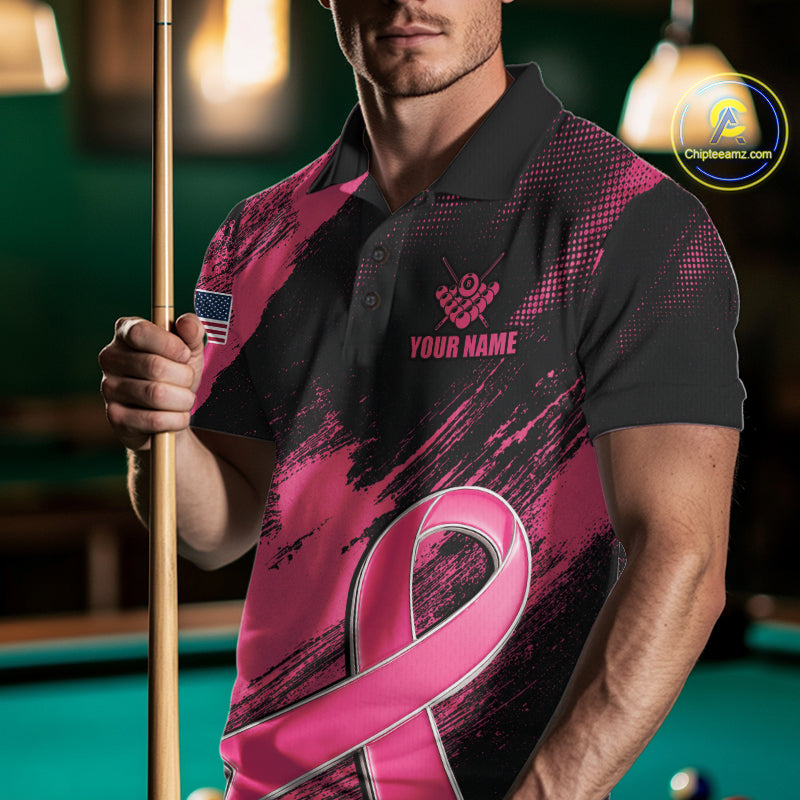 Man Wearing Pink Ribbon US Flag 8 Ball Breast Cancer Awareness Billiard Polo Shirt with Athletic Performance Fit and Patriotic Graphic Artwork, Front View