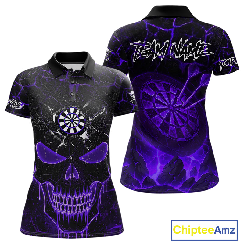 Personalized Skull Cracks Pattern Purple Darts Shirt For Women, Darts League Jersey Polo & 1/4 Zip TDM5106