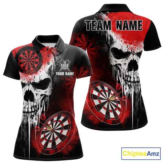 Personalized Red Grunge Skull Darts Shirt For Women Custom Darts Jersey Team Polo & Quarter Zip TDM6430