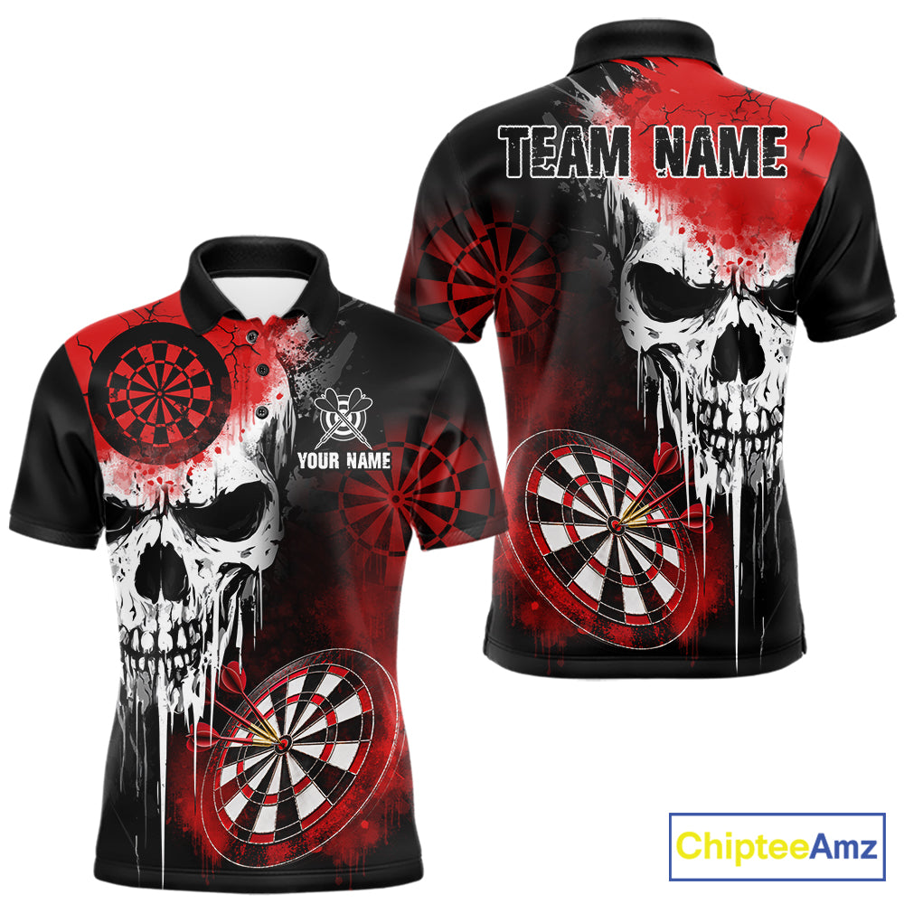 Personalized Red Grunge Skull Darts Shirt For Men Custom Darts Jersey Team Polo & Quarter Zip TDM6430