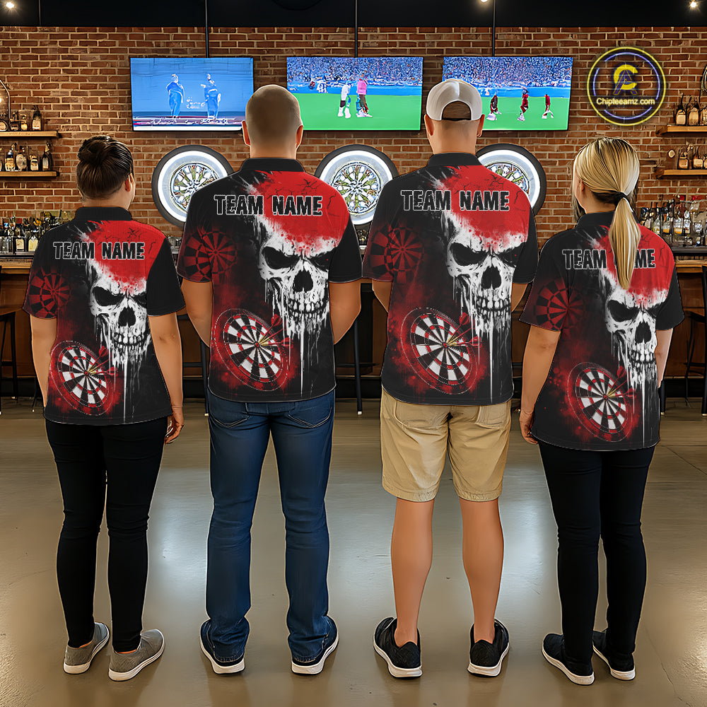 Personalized Red Grunge Skull Darts Shirt For Men Custom Darts Jersey Team Polo & Quarter Zip TDM6430